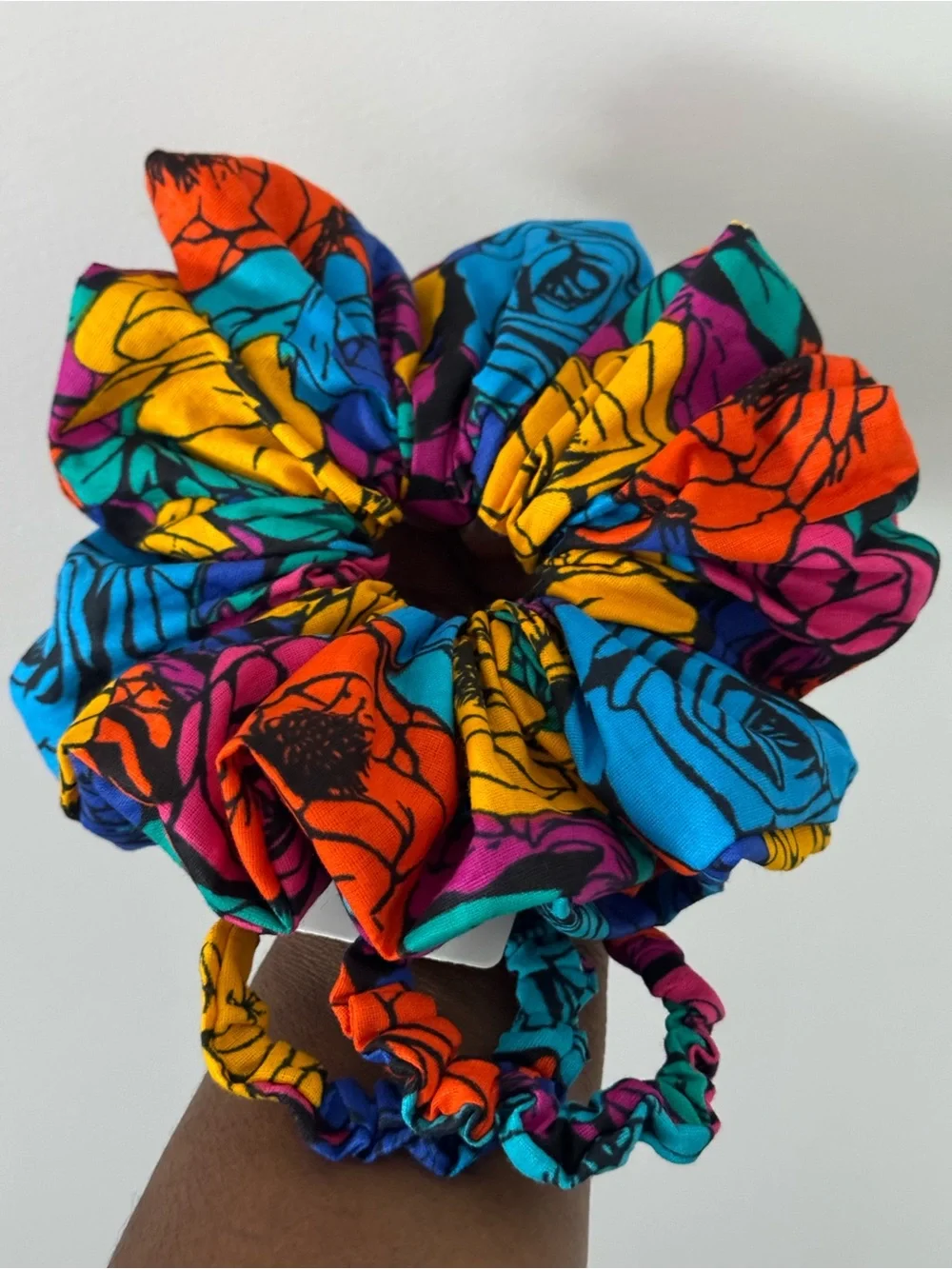 Handmade African Ankara Print Scrunchie & Hoop Earring Set | Blue Big Flower